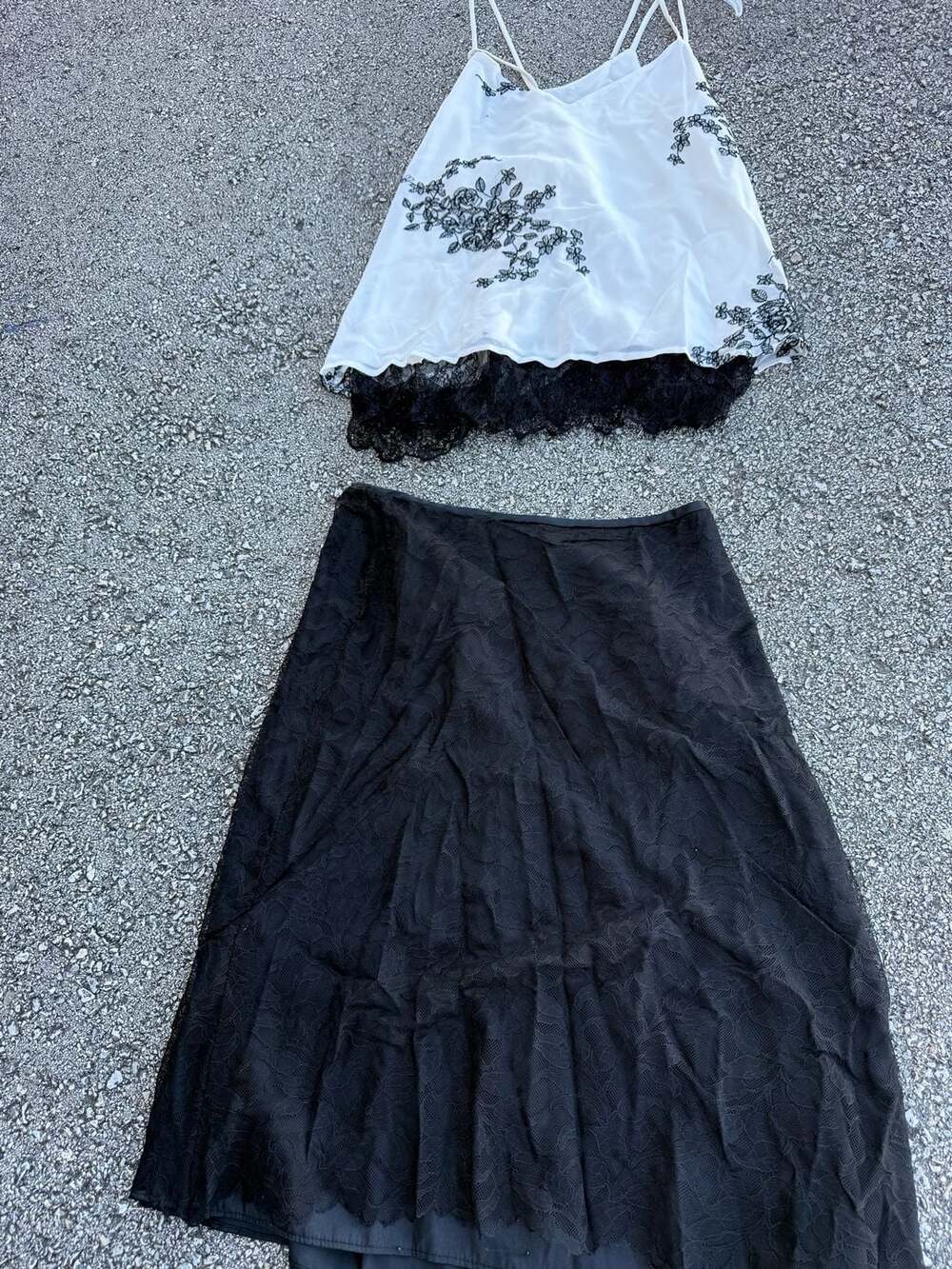 Lily Black Floral Embroidered Cami with Black Lace Inset Skirt Set